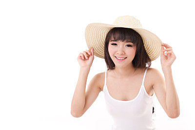 走出，开心，微笑的女人看着镜头，孤立的白b图片下载