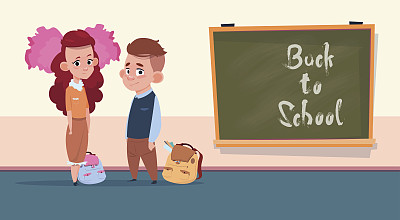 返校季：站在课堂黑板前的小女孩和小男孩，中小学生教育banner素材图片