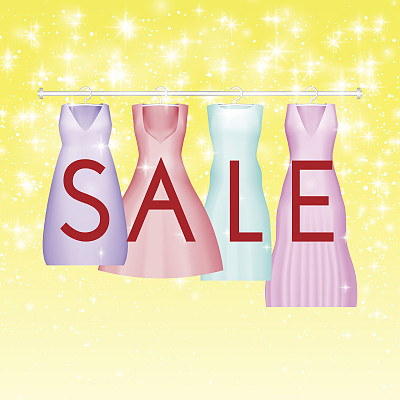 夏季销售背景与生动的派对服装。矢量背景的旗帜，海报，传单，卡片，明信片，封面，小册子。四件附有销售文字的舞会礼服。婚纱清仓折扣图片下载