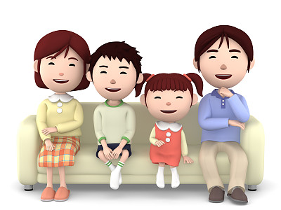 妈妈，爸爸，儿子和女儿，坐在沙发上。图片下载