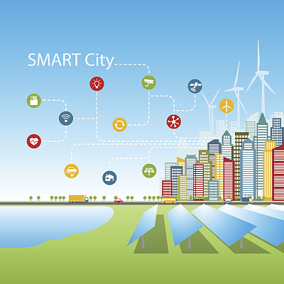 智慧城市拥有先进的智能服务、增强现实、社交网络、物联网、消费替代能源、背景、文字场所图片下载