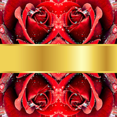 红色玫瑰背景上的金色旗帜图片下载