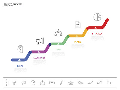 一步步走向成功的理念。业务时间线现代彩色信息图模板与图标和元素。可以用于工作流布局，横幅，图表，网页设计图片下载