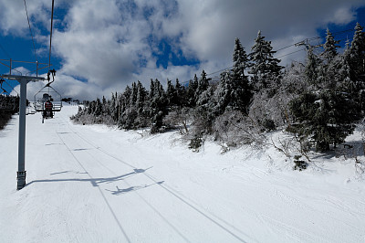 缆车顶着晴朗的蓝天和白云图片下载