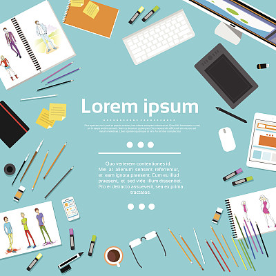 时尚设计师工作办公桌与复制空间照片平面设计图片下载