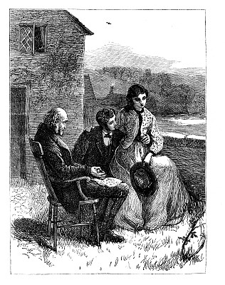 老人和年轻夫妇坐在1868年杂志小屋外面图片下载