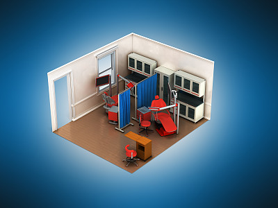 等距牙科米色房间3d渲染在白色的背景图片下载