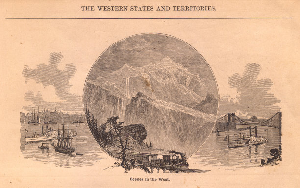 旧西部场景的黑白插图图片下载