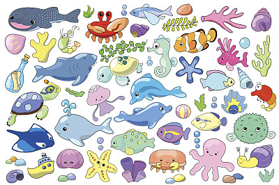 海洋动物和鱼类涂鸦。海洋动物卡通矢量插图。图片下载