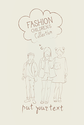 时装收集的儿童衣服小女孩和男孩的模型时尚服装素描图片下载