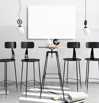 阁楼酒吧室内设计，含用餐区和灯具，海报样机，3D渲染图片下载