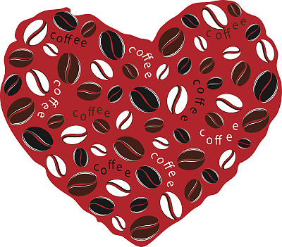 红色背景上的咖啡豆心。爱上咖啡图片下载