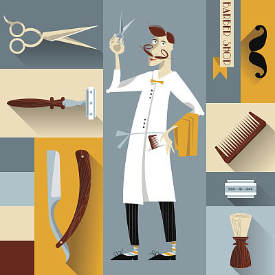 一套复古的理发店和发型师图标。图片下载