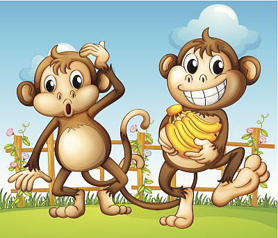 两只猴子带着香蕉在围栏里图片下载