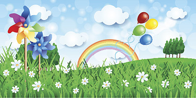 春天的背景与风车和气球图片下载