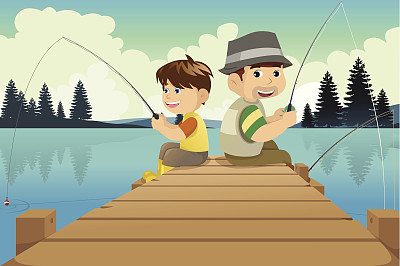 父亲和儿子去湖边钓鱼图片下载