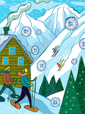 背景是一对穿雪鞋的人和滑雪者图片下载