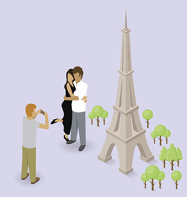 一对情侣在巴黎埃菲尔铁塔附近自拍图片下载