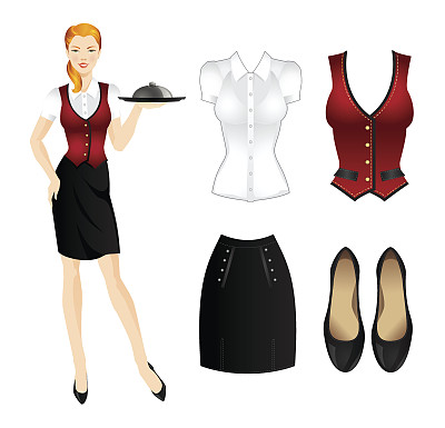 一套制服。服务员用托盘。图片下载