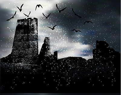 万圣节景观与飞雪和黑暗城堡的废墟图片下载