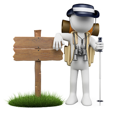 3 d白人。有木制标志的徒步旅行者图片下载