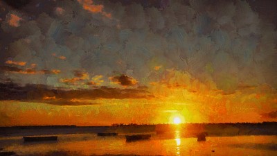 日落时渔船的画图片下载