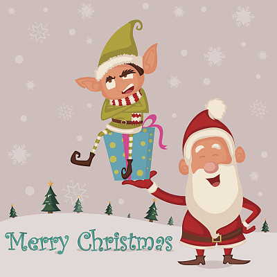 圣诞老人和精灵在圣诞节日贺卡的背景图片下载