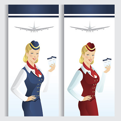 卡片或票模板与美丽的金发空姐。图片下载