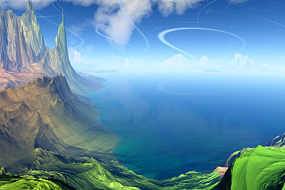 幻想外星球。岩石和湖图片下载