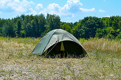 游客帐篷在绿色的森林，蓝天和阳光图片下载