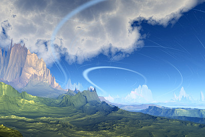 幻想外星球。岩石和湖图片下载