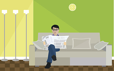 插图男人在客厅看报纸图片下载