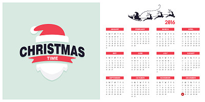 2016日历模板与圣诞类型的设计元素图片下载