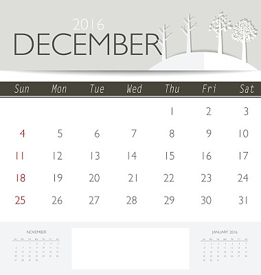 2016年12月月历模板图片下载