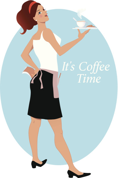 女服务员拿着卡布奇诺咖啡和饼干图片下载