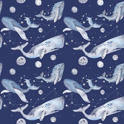 太空鲸鱼水彩图案素材图片