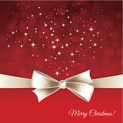 矢量白色的弓，闪光和字圣诞快乐在红色素材图片