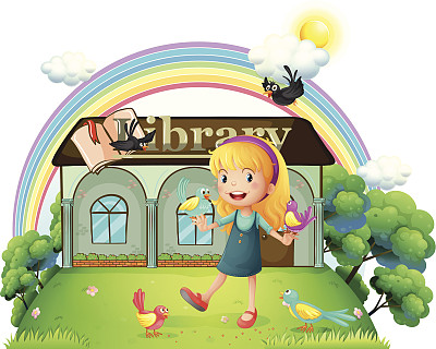 女孩在图书馆外面和鸟儿跳舞图片下载