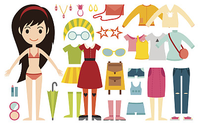 美丽向量卡通时尚女孩模特构造师看着站在那里图片下载