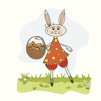抱着一篮子复活节彩蛋的小兔子图片下载