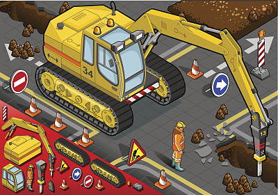 等距凿子挖掘机在前视图图片下载