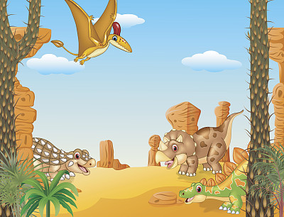 快乐组恐龙人物与史前背景图片下载