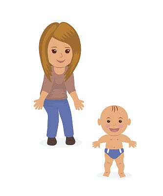 年轻的妈妈帮助他的宝宝迈出第一步。图片下载