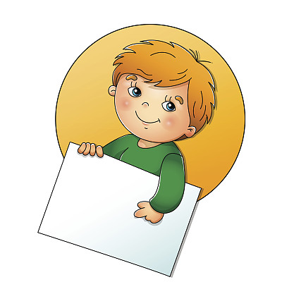 可爱的男孩拿着一个标志孤立在白色的背景图片下载