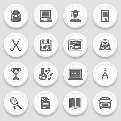 教育黑色图标上的白色按钮。图片下载