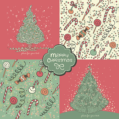 有树和图案的圣诞卡片和糖果。图片下载