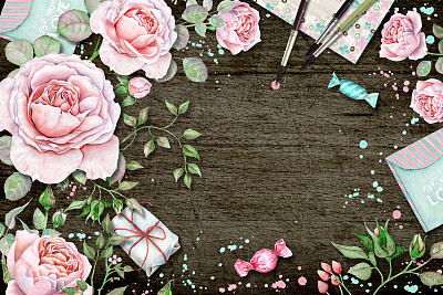 浪漫的花框架与水彩玫瑰图片下载