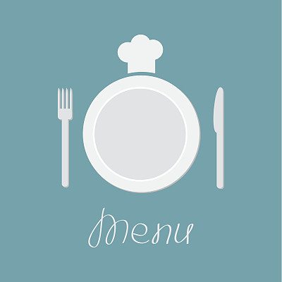 盘子，叉子，刀和厨师帽。菜单卡。平面设计图片下载