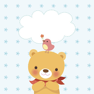 可爱的小熊和蓝色的小花鸟图案图片下载