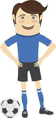 滑稽的足球运动员穿着蓝色的t恤站着图片下载